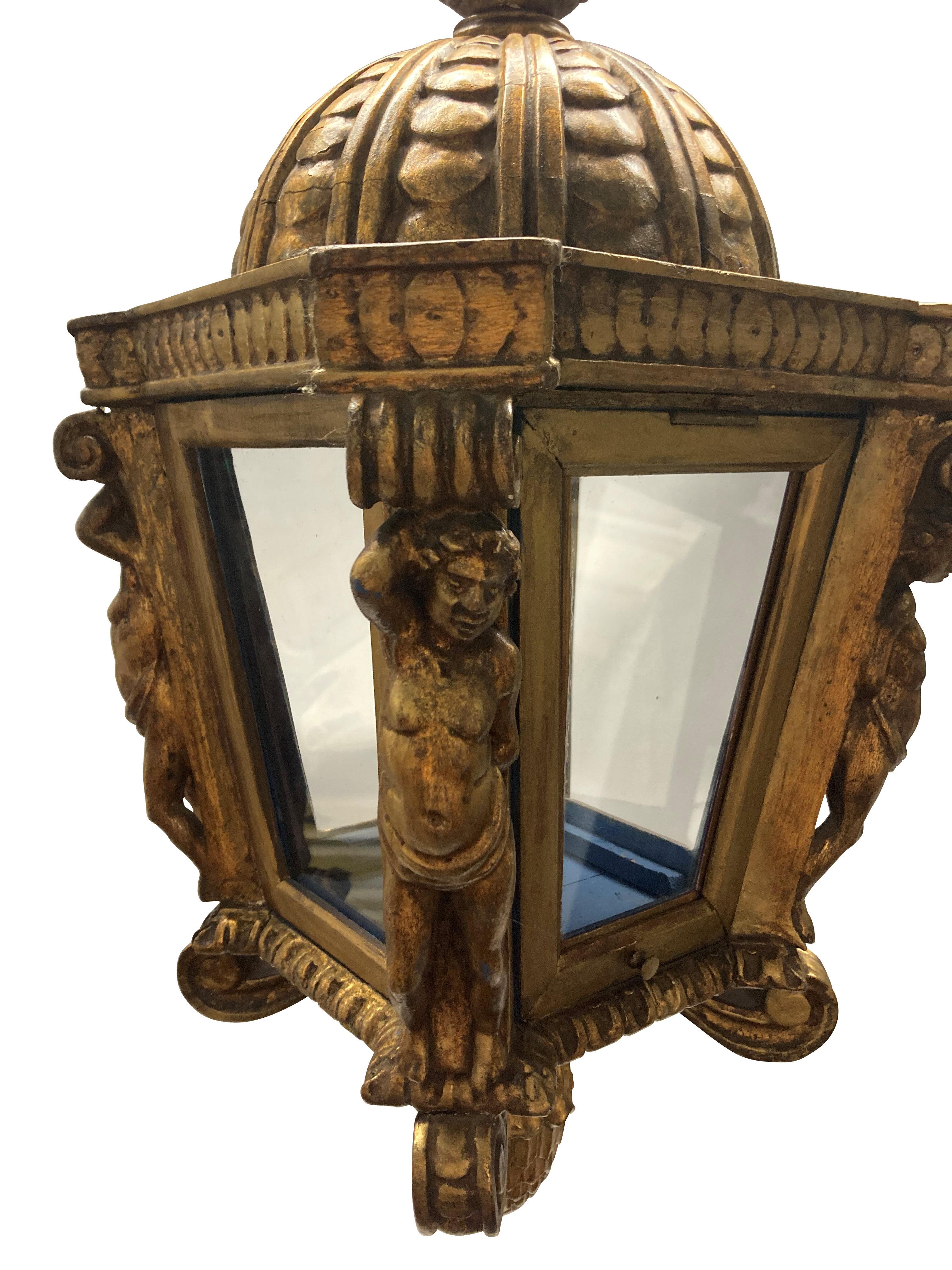 Italian Florentine Carved Giltwood Hanging Lantern For Sale
