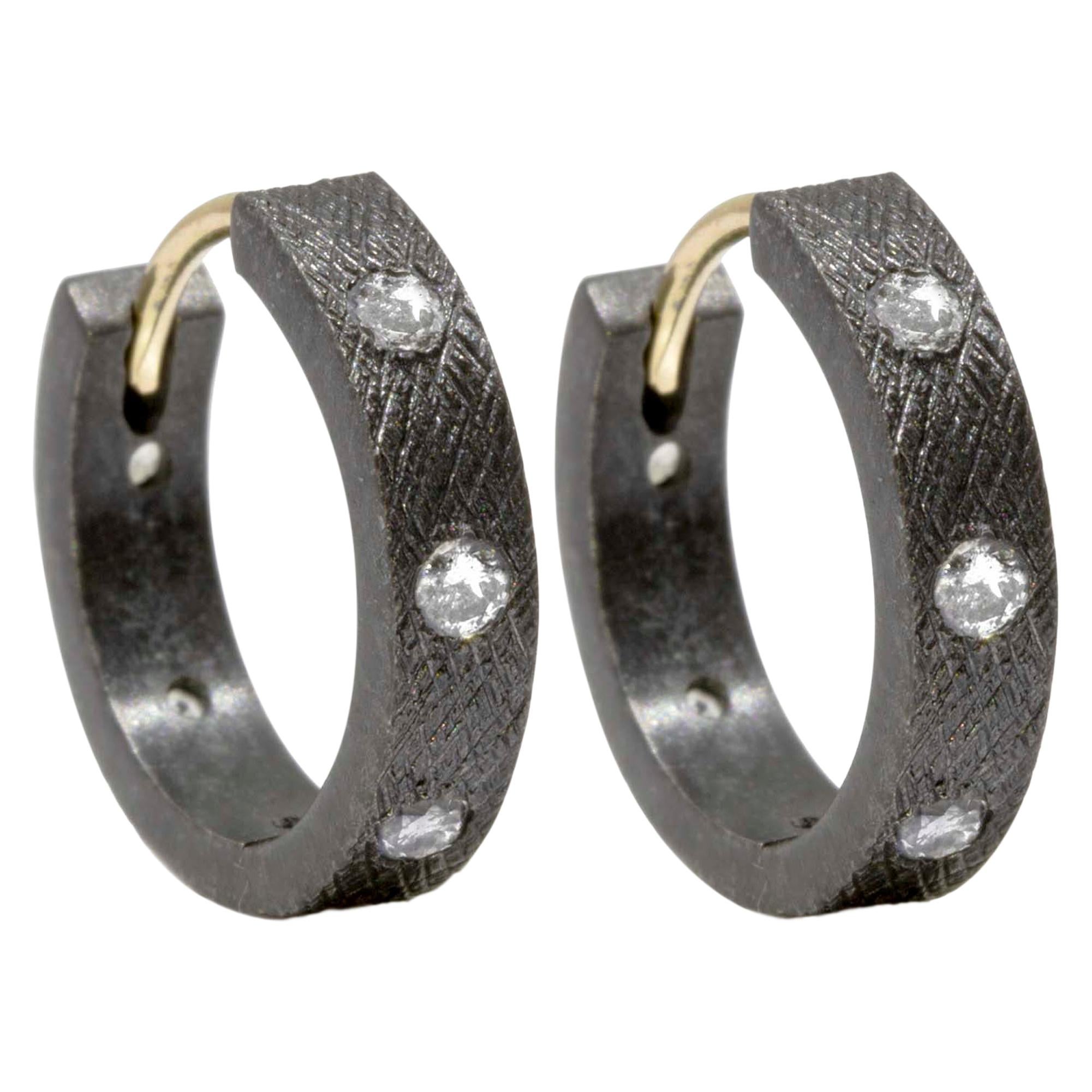 Florentine Champagne Diamond Gold and Oxidized Hoop Earrings For Sale