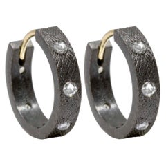 Florentine Champagne Diamond Gold and Oxidized Hoop Earrings