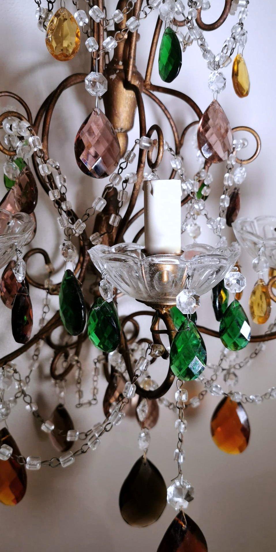 Italian Florentine Craftsmanship Applique Gilded Iron Colored Crystal Drops and Faceted For Sale