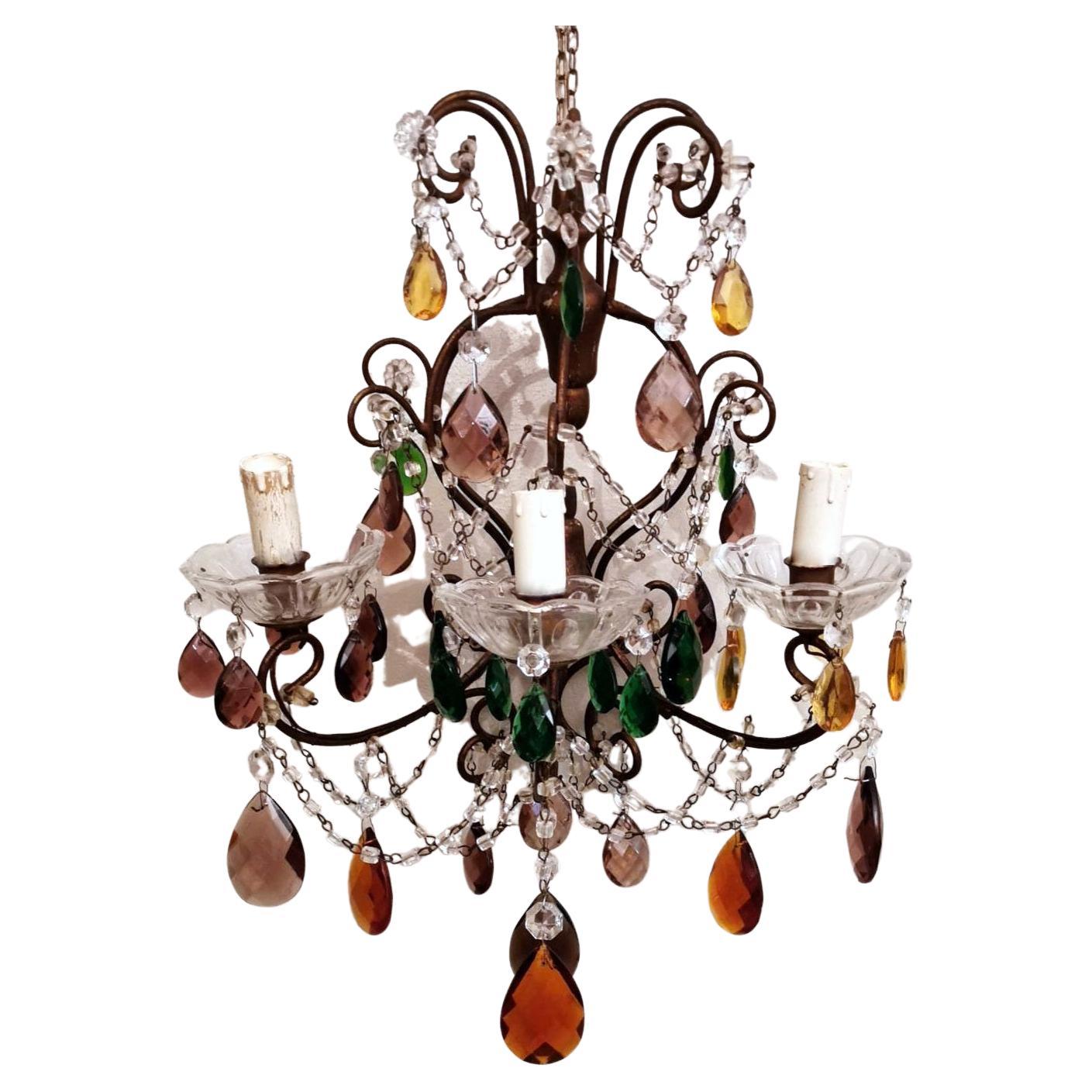 Florentine Craftsmanship Applique Gilded Iron Colored Crystal Drops and Faceted For Sale