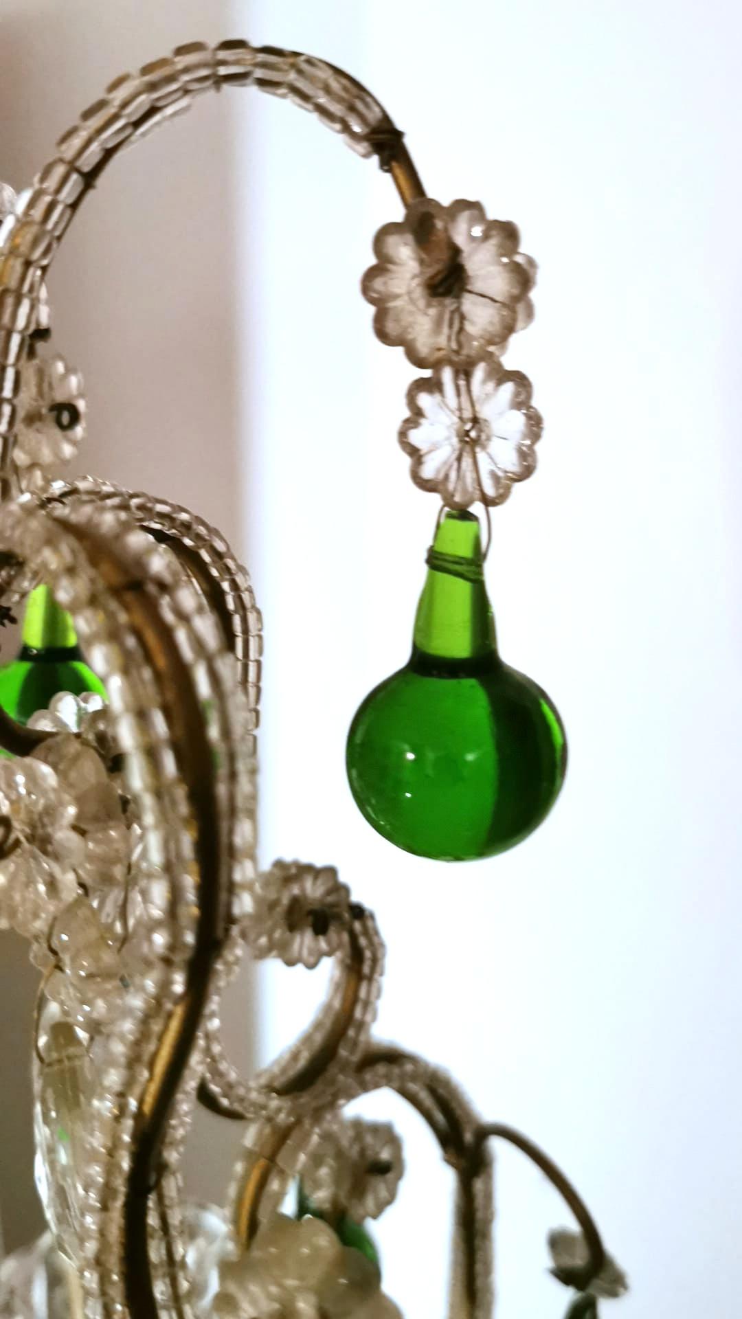 Florentine Craftsmanship Italian Brass Chandelier with Crystals and Green Glasse 4