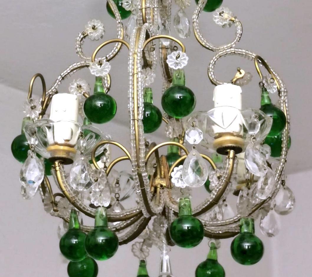 Florentine Craftsmanship Italian Brass Chandelier with Crystals and Green Glasse 5