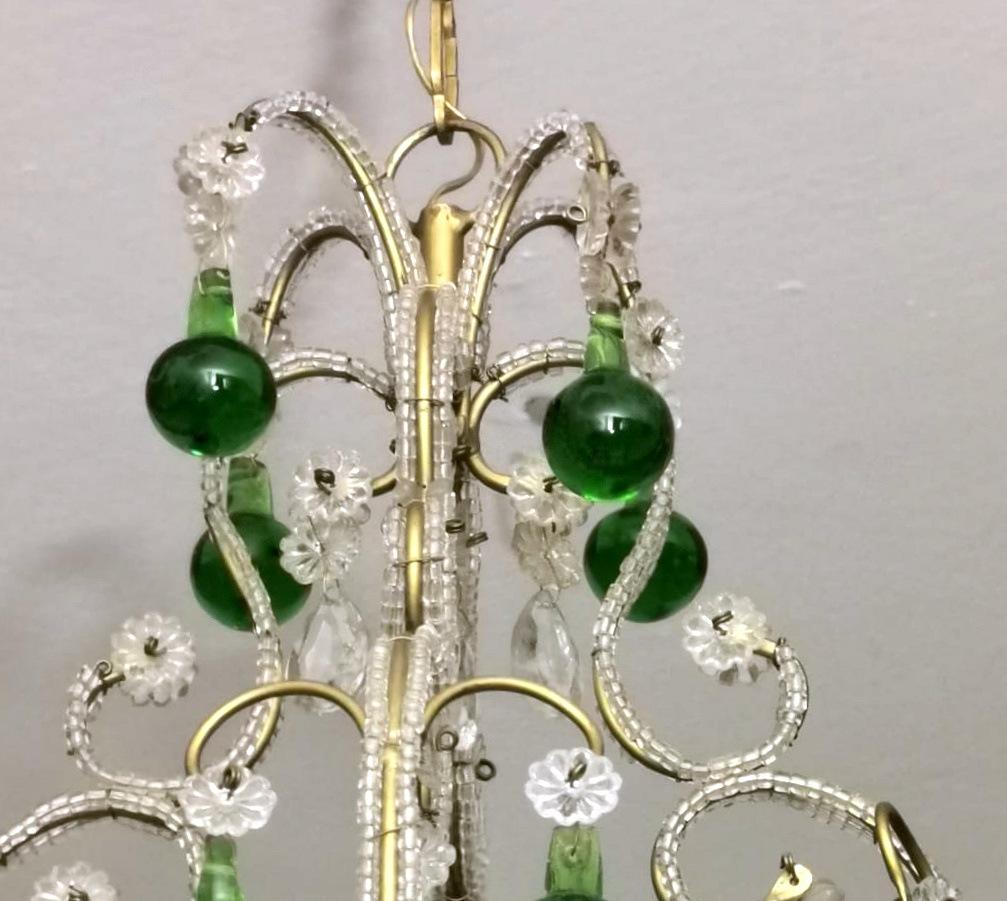Florentine Craftsmanship Italian Brass Chandelier with Crystals and Green Glasse 6