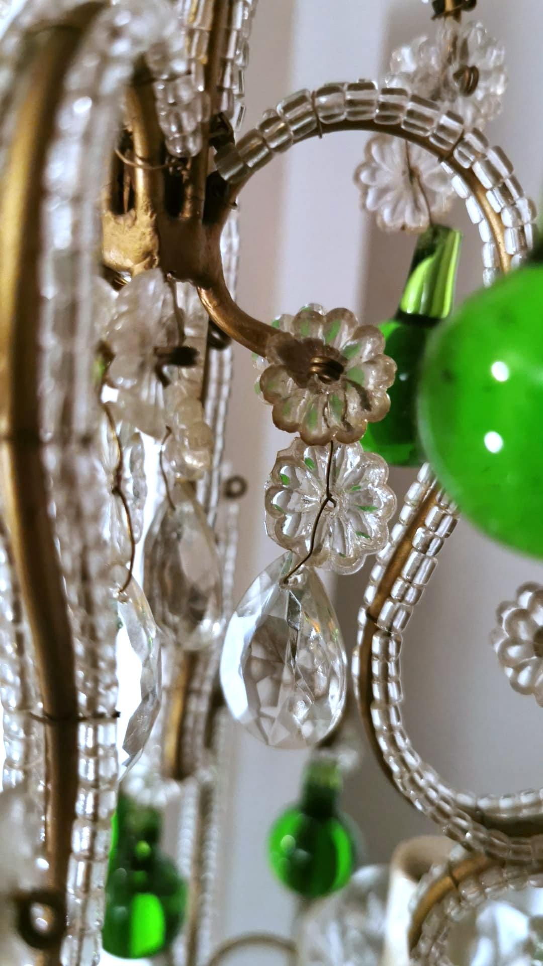 Florentine Craftsmanship Italian Brass Chandelier with Crystals and Green Glasse 7