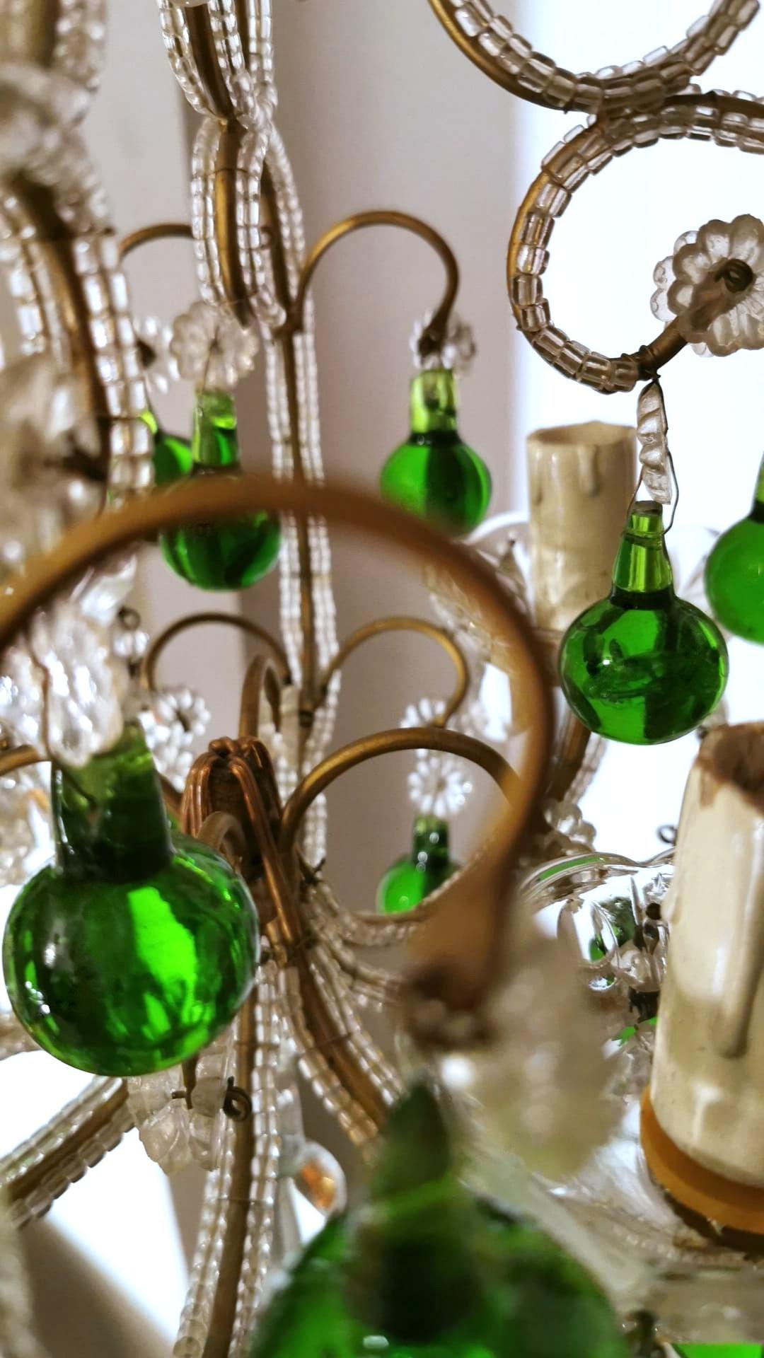 Florentine Craftsmanship Italian Brass Chandelier with Crystals and Green Glasse 8