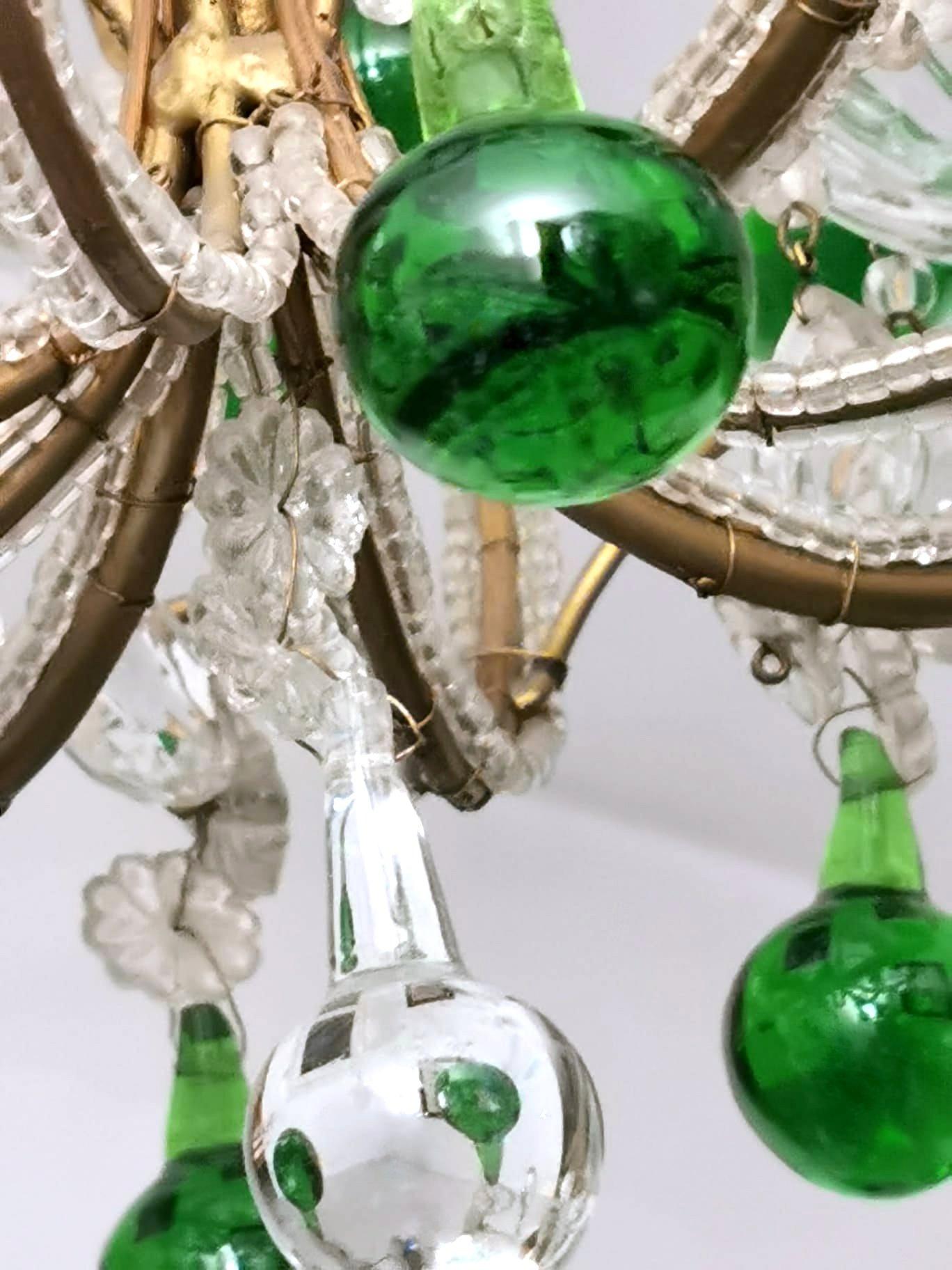 Florentine Craftsmanship Italian Brass Chandelier with Crystals and Green Glasse 9