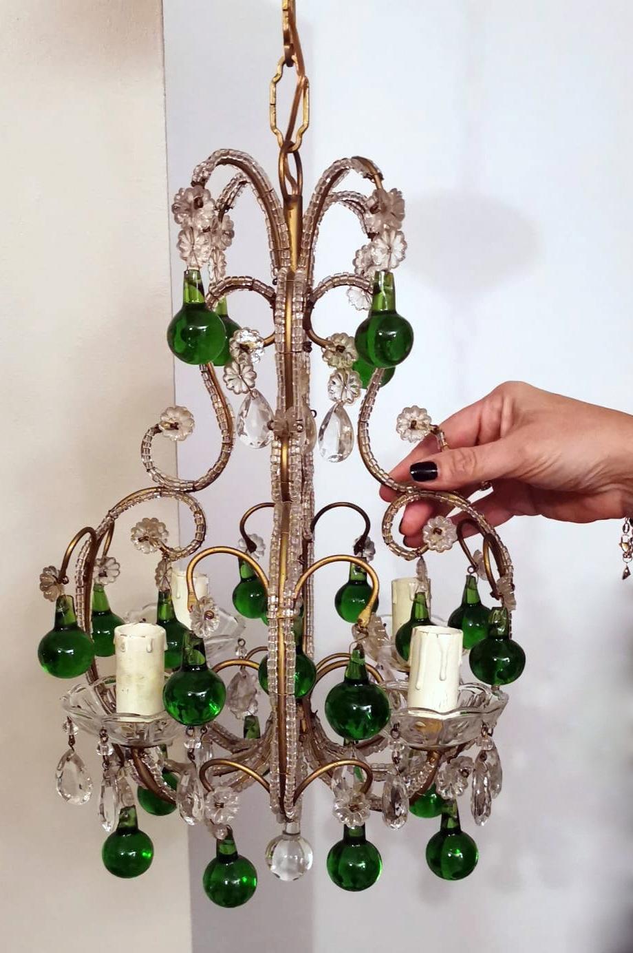 Florentine Craftsmanship Italian Brass Chandelier with Crystals and Green Glasse 14