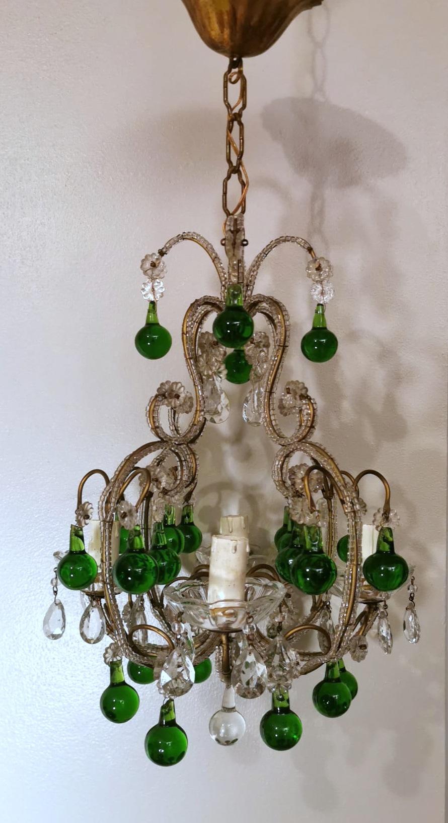 Louis XVI Florentine Craftsmanship Italian Brass Chandelier with Crystals and Green Glasse