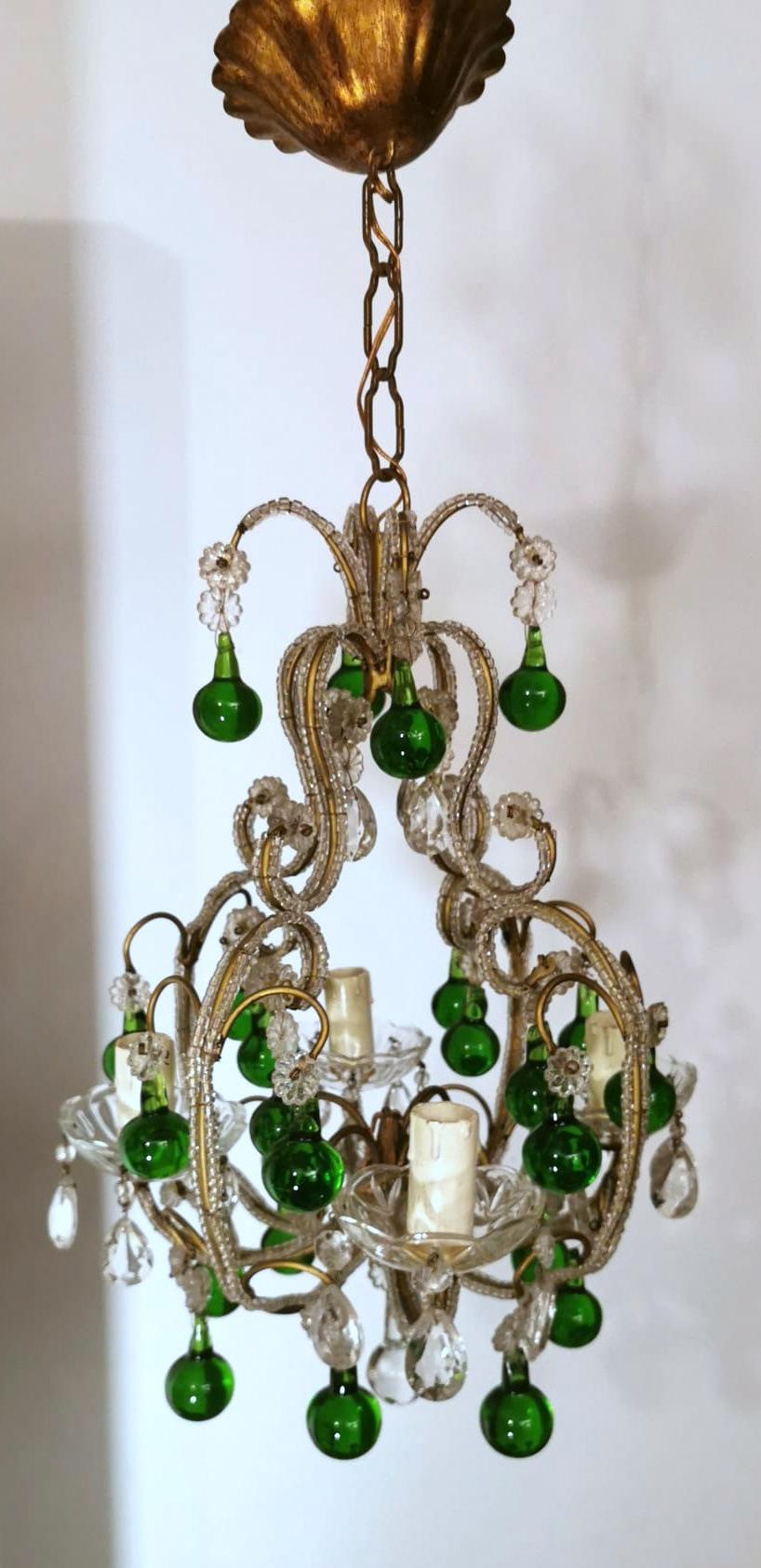 Gilt Florentine Craftsmanship Italian Brass Chandelier with Crystals and Green Glasse