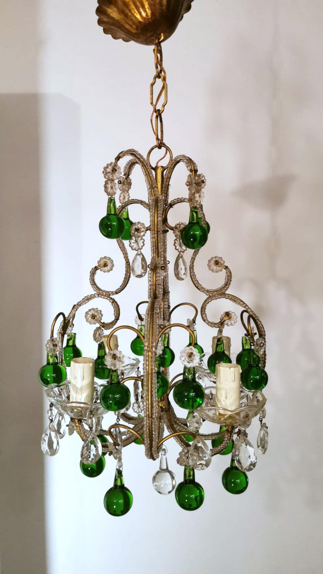 Florentine Craftsmanship Italian Brass Chandelier with Crystals and Green Glasse In Good Condition In Prato, Tuscany