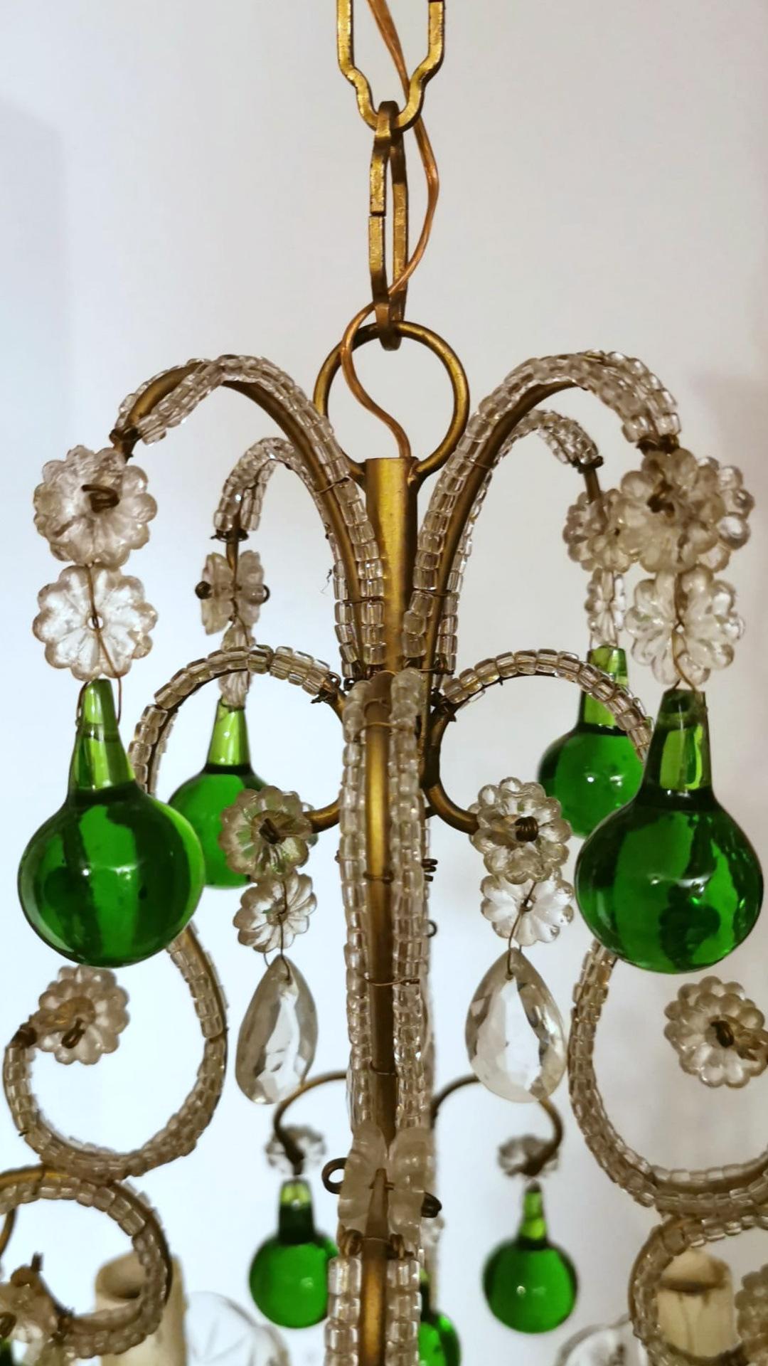 Florentine Craftsmanship Italian Brass Chandelier with Crystals and Green Glasse 1