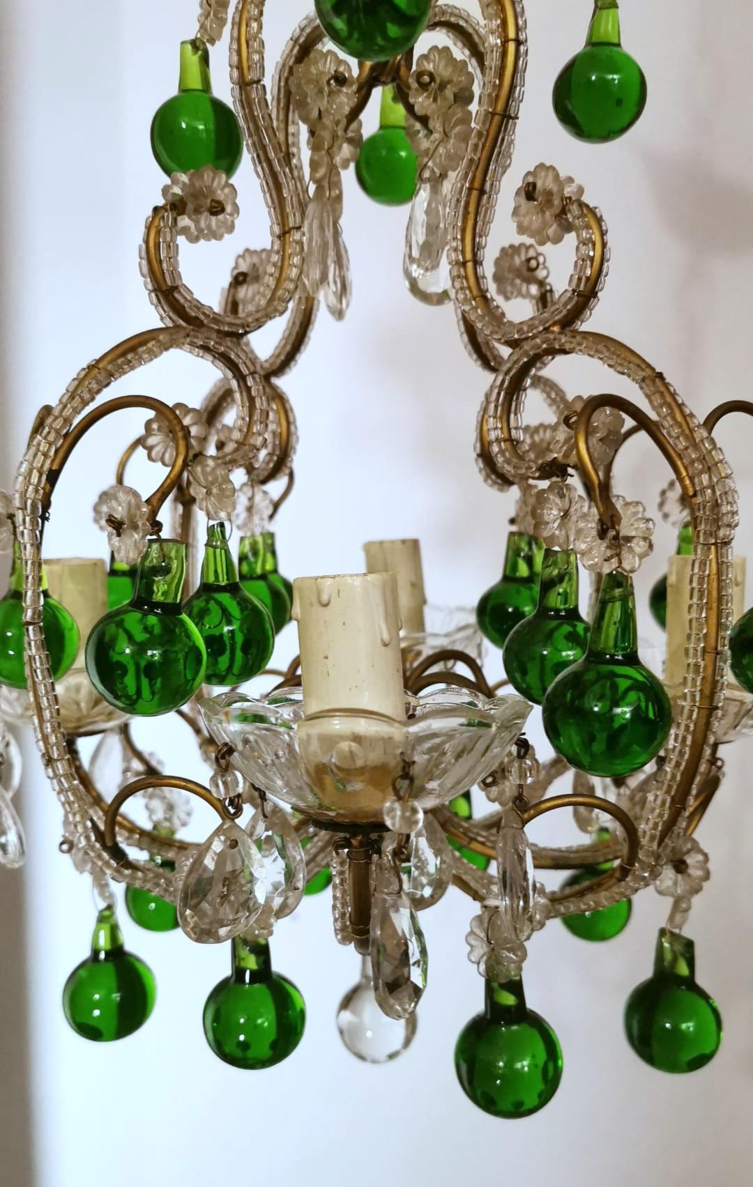 Florentine Craftsmanship Italian Brass Chandelier with Crystals and Green Glasse 2