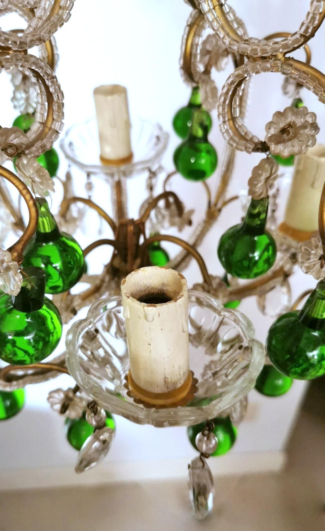 Florentine Craftsmanship Italian Brass Chandelier with Crystals and Green Glasse 3