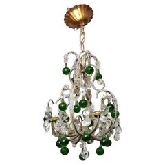 Florentine Craftsmanship Italian Brass Chandelier with Crystals and Green Glasse