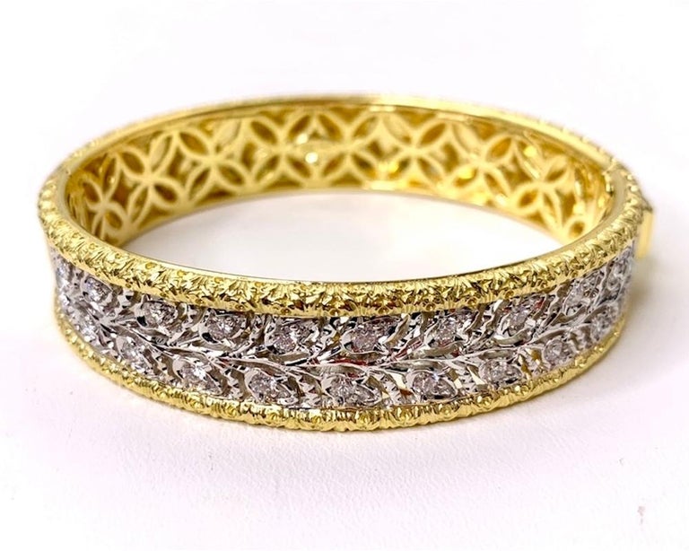 This spectacular diamond and 18k gold bangle is an exquisite, wearable work of art! Handmade in Italy using artisan techniques passed down since the Renaissance, this bracelet shows why Florentine inspired jewelry is so highly valued and always in