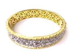 Florentine Design Diamond, Yellow and White Gold, Engraved Bangle Bracelet