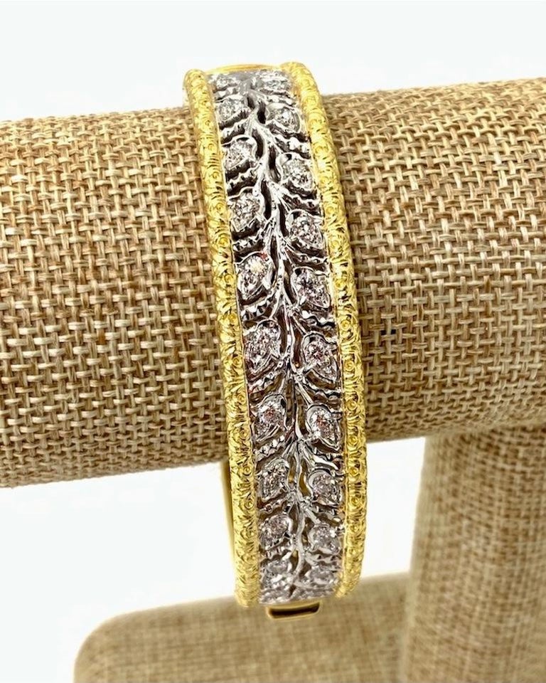 Women's Florentine Design Diamond, Yellow and White Gold, Engraved Bangle Bracelet For Sale