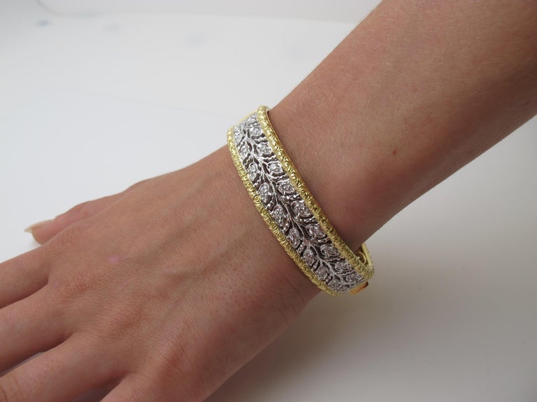 Florentine Design Diamond, Yellow and White Gold, Engraved Bangle Bracelet For Sale 1