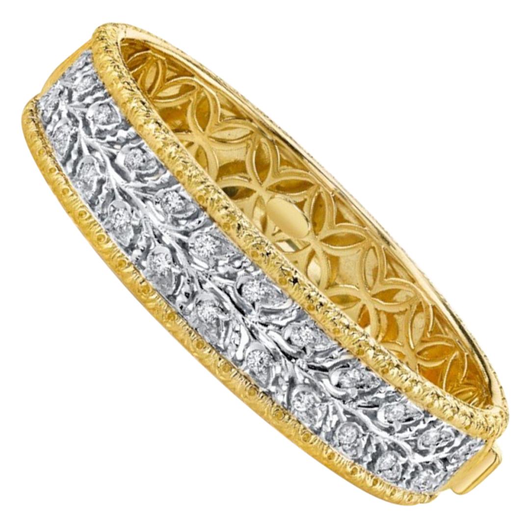 Florentine Design Diamond, Yellow and White Gold, Engraved Bangle Bracelet
