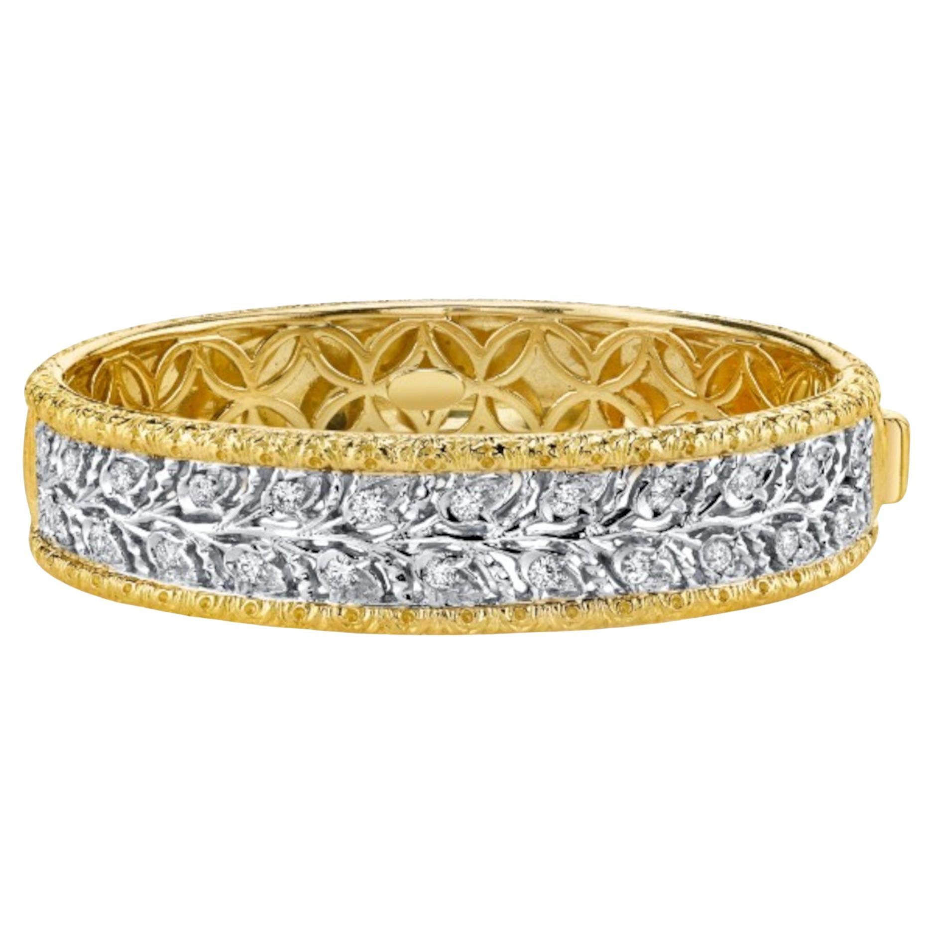 Florentine Design Diamond, Yellow and White Gold, Engraved Bangle Bracelet For Sale