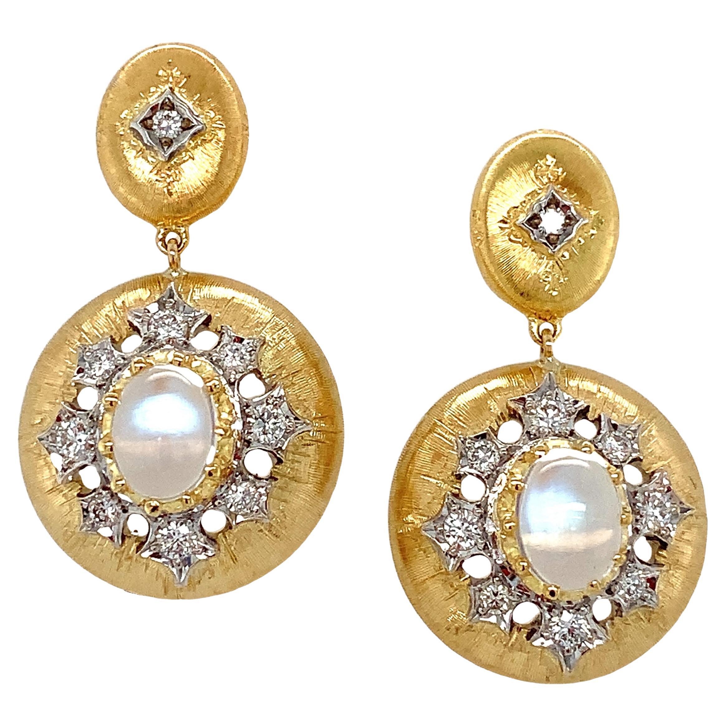 Boucles d'oreilles pendantes en or jaune, pierre de lune arc-en-ciel et diamant, design florentin