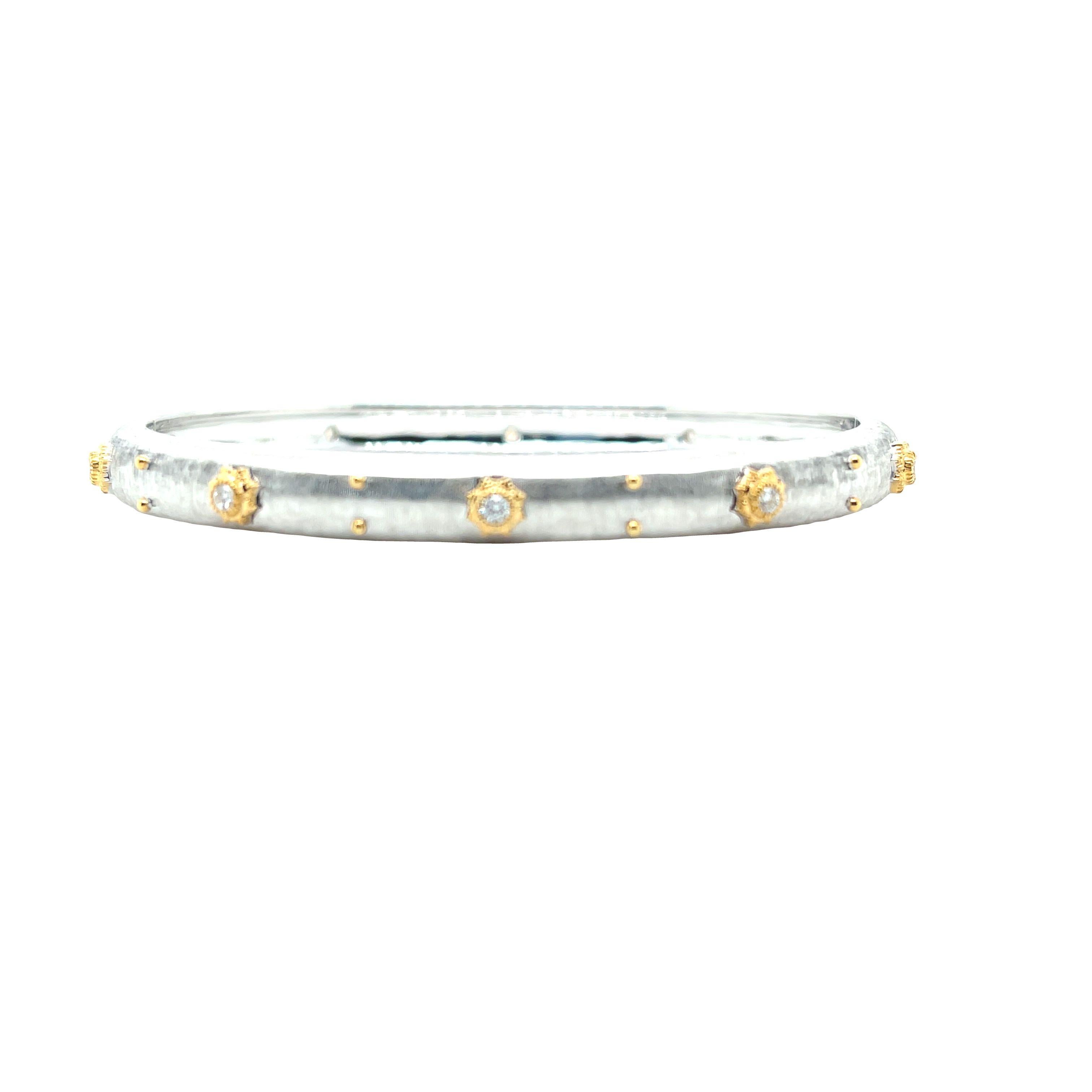 Artisan Florentine Diamond Bangle Bracelet in White and Yellow Gold