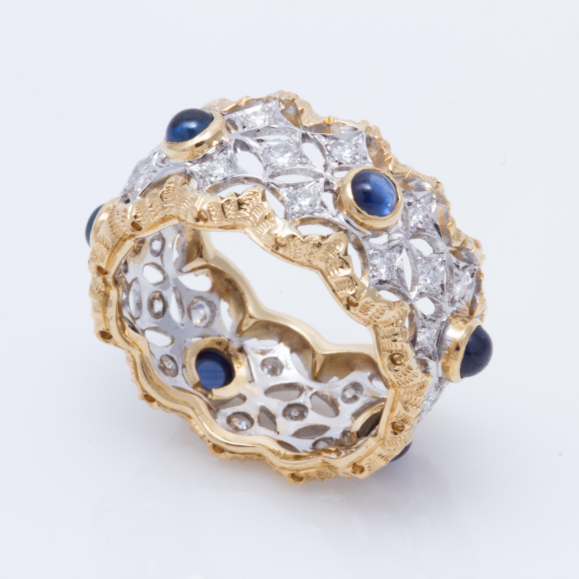 Florentine Engraved Cabochon Sapphire and Diamond Italian Ring 4