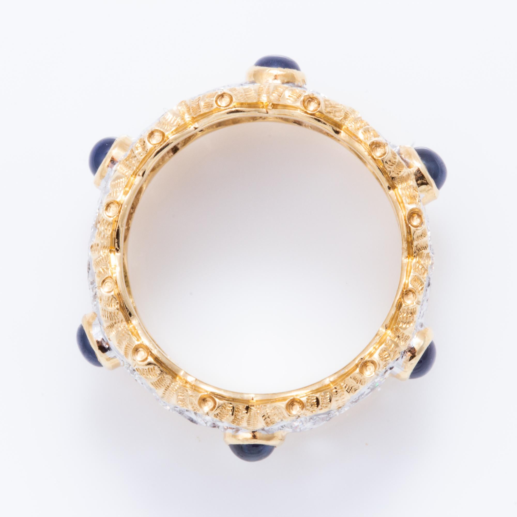 Florentine Engraved Cabochon Sapphire and Diamond Italian Ring 6