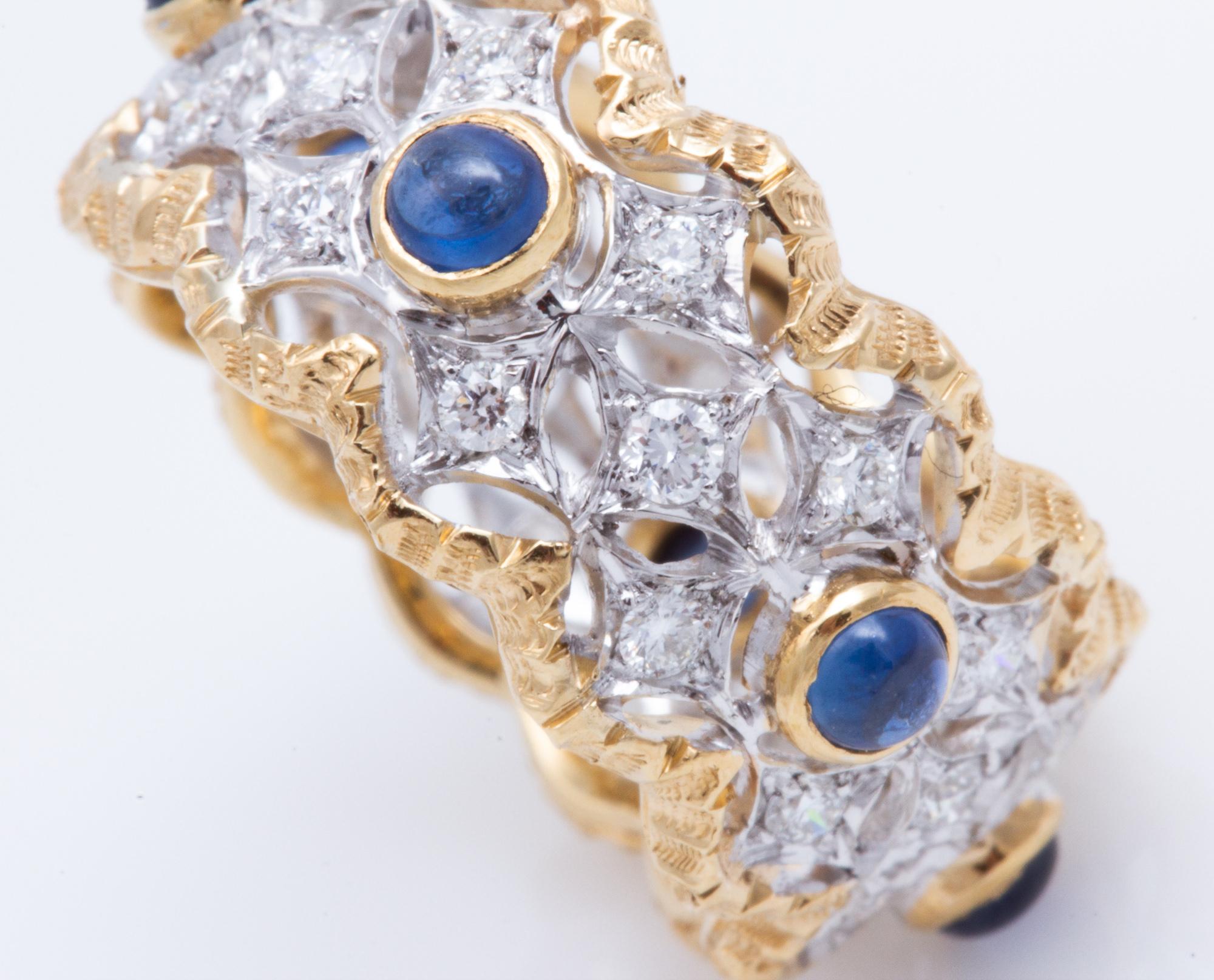 Florentine Engraved Cabochon Sapphire and Diamond Italian Ring 7