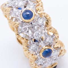 Florentine Engraved Cabochon Sapphire and Diamond Italian Ring