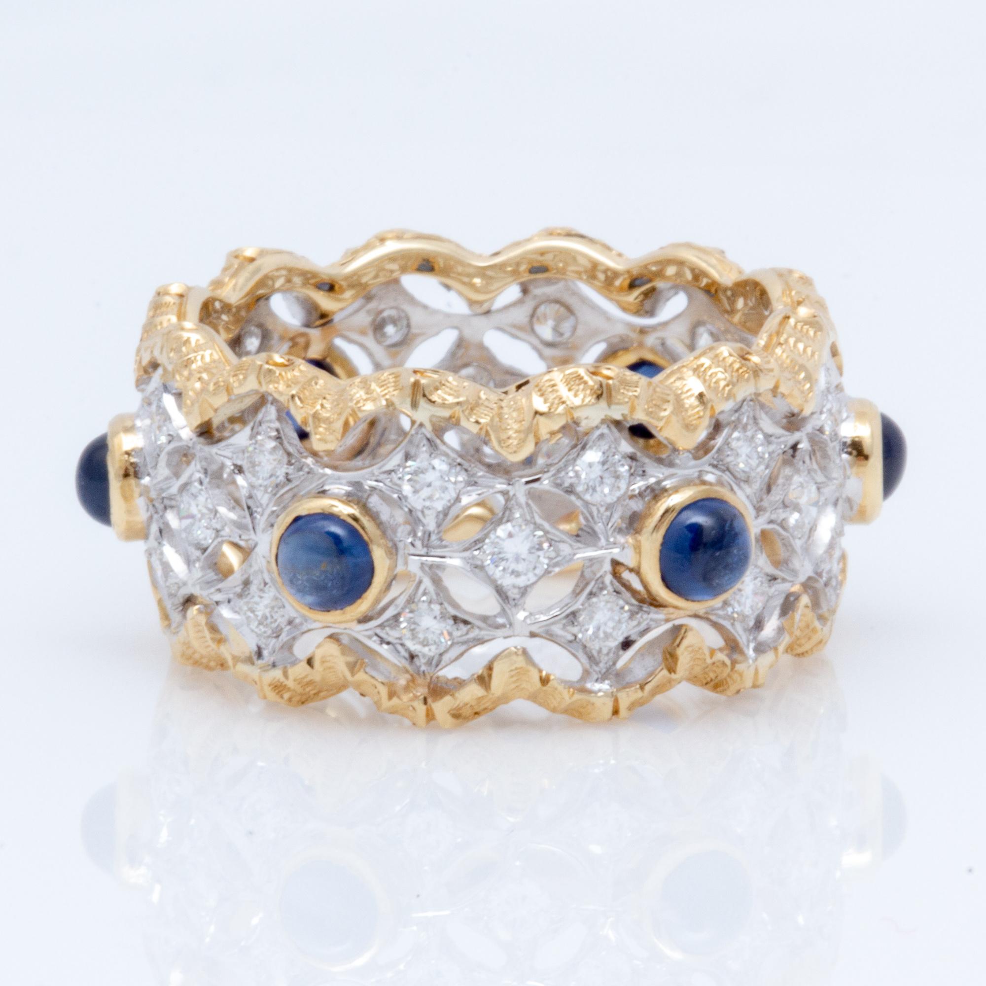Artisan Florentine Engraved Cabochon Sapphire and Diamond Italian Ring