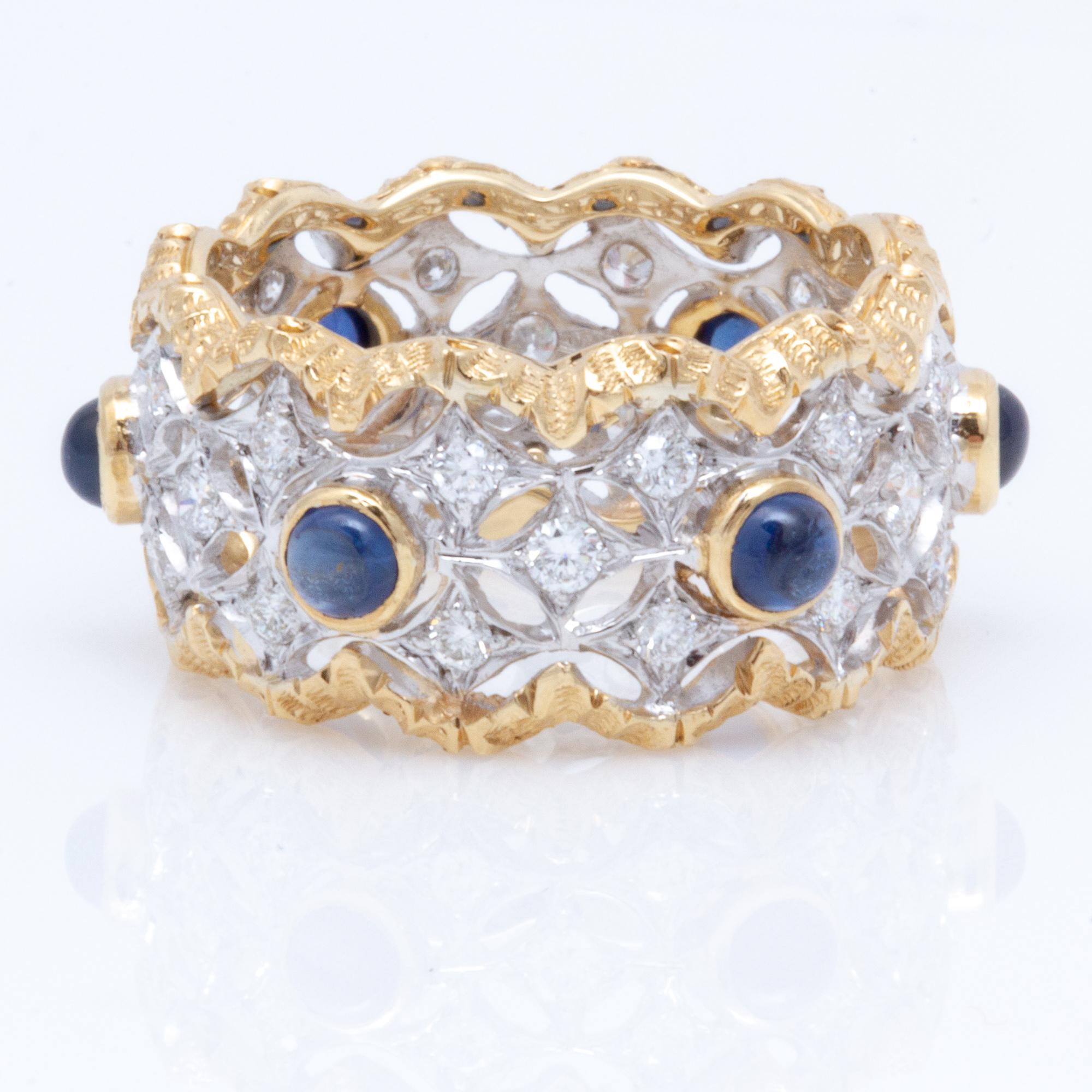 Florentiner italienischer Ring mit graviertem Cabochon-Saphir und Diamant für Damen oder Herren im Angebot