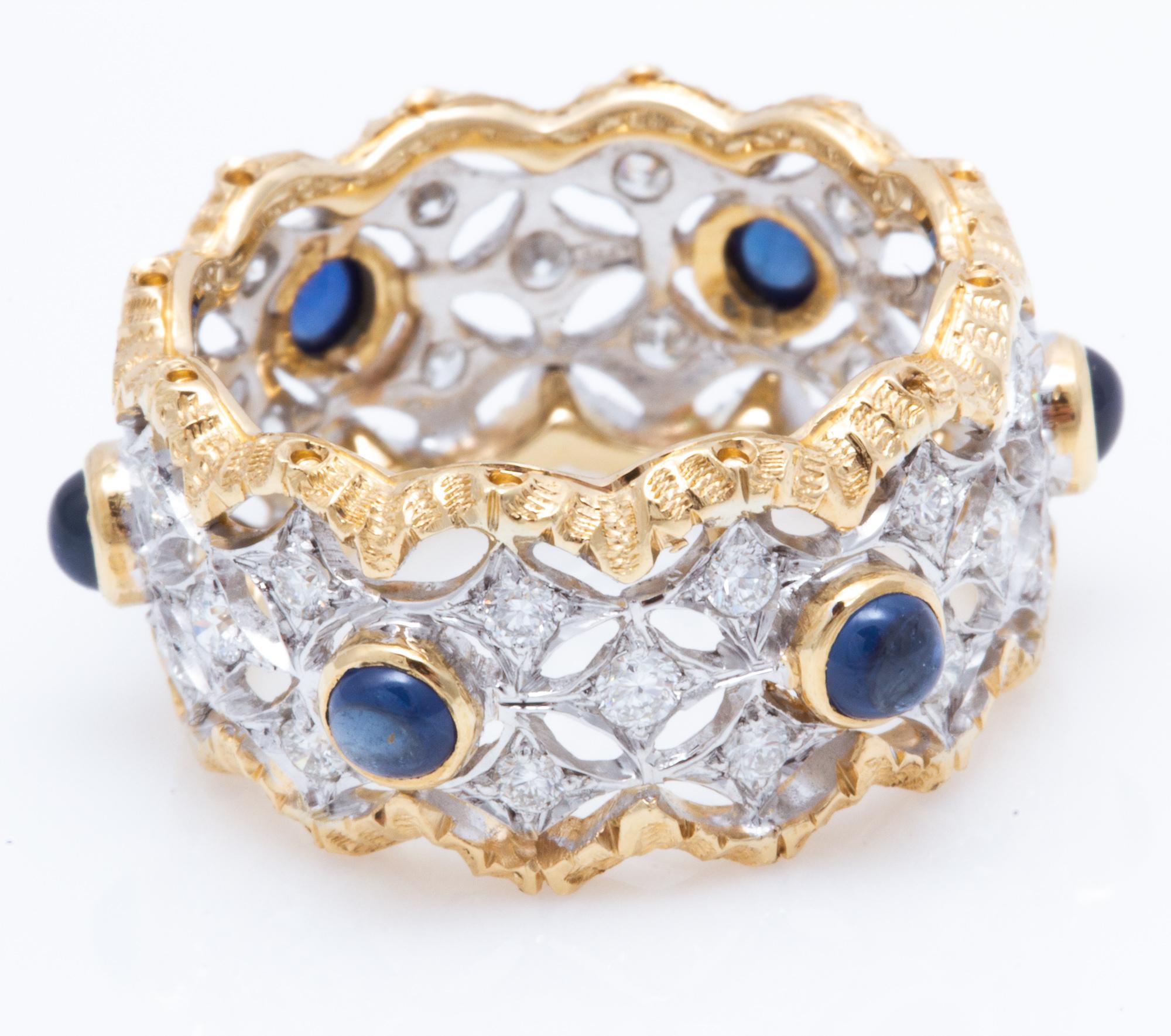 Women's or Men's Florentine Engraved Cabochon Sapphire and Diamond Italian Ring