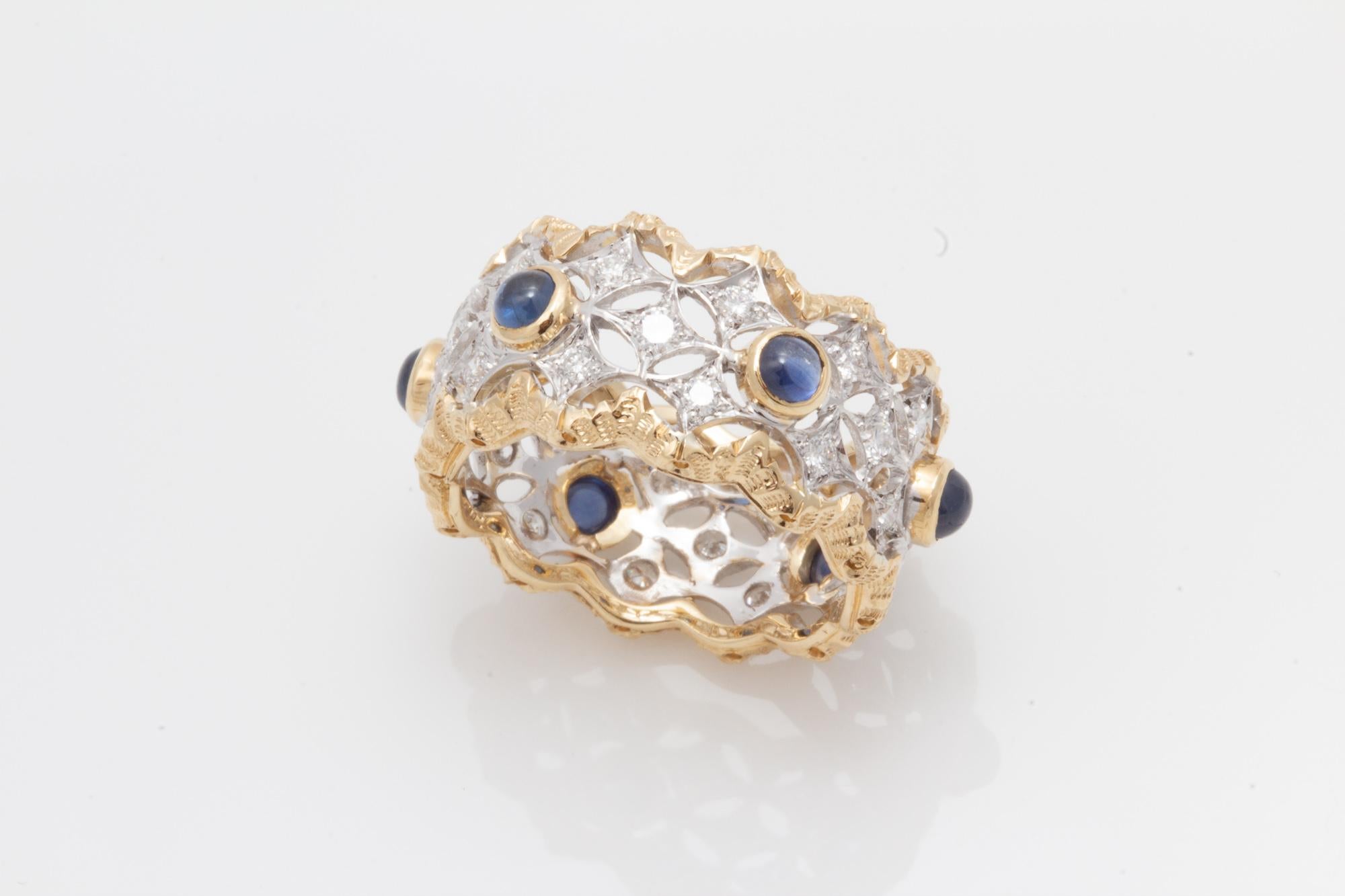 Florentine Engraved Cabochon Sapphire and Diamond Italian Ring 1