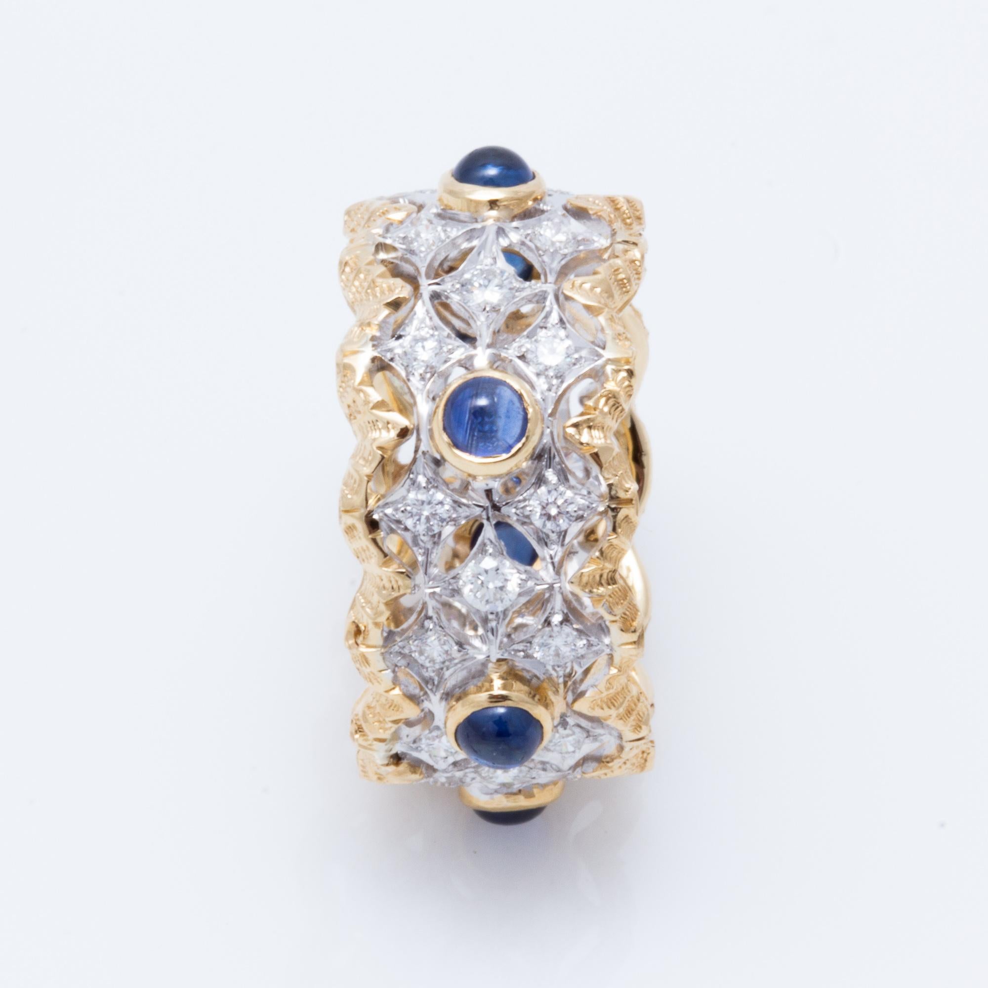 Florentine Engraved Cabochon Sapphire and Diamond Italian Ring 3