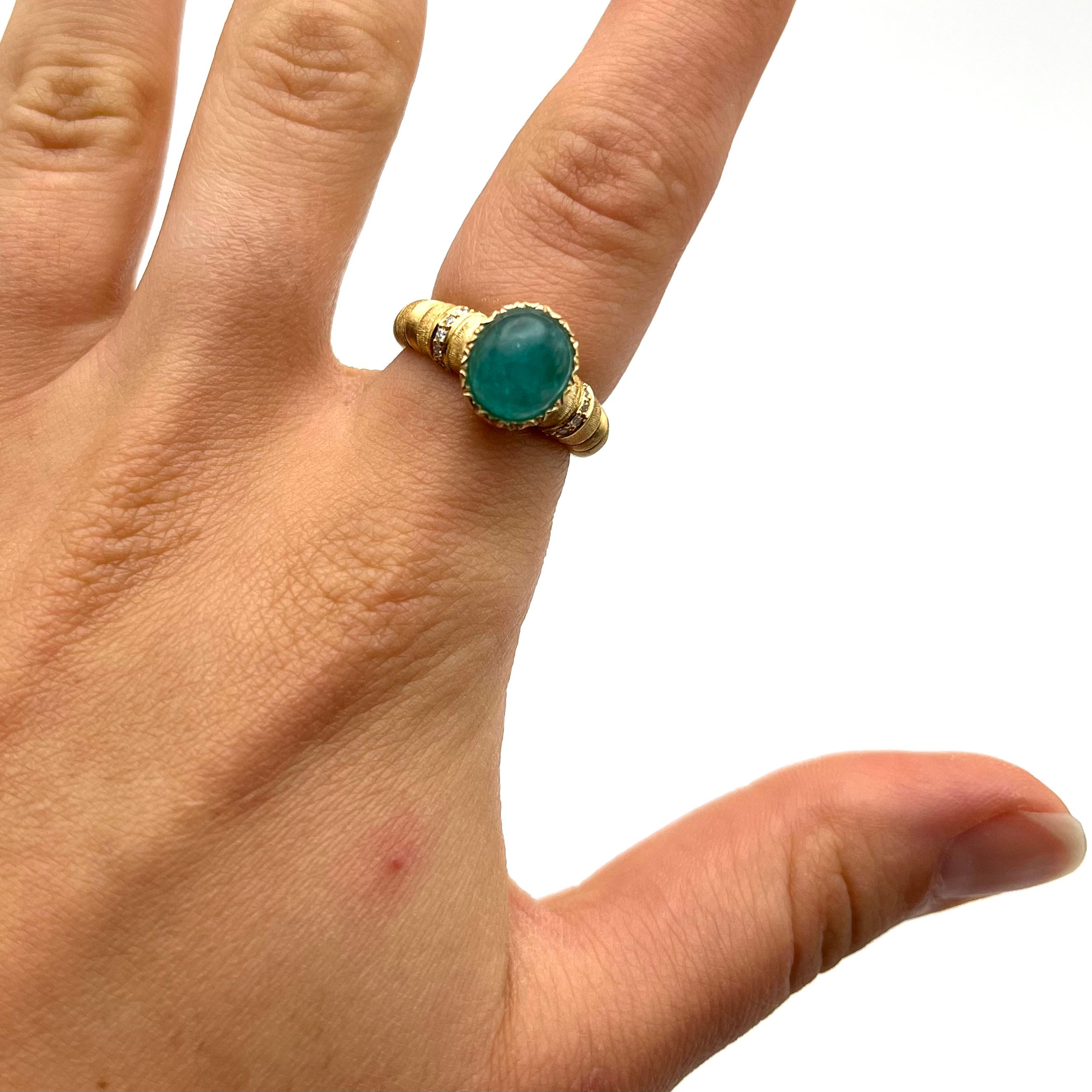 Der Paraiba-Turmalin ist der seltenste Edelstein in der heutigen Schmuckwelt. Es handelt sich um einen kupferhaltigen Turmalin, der durch das Element einen wunderschönen tropisch blauen Farbton erhält. Dieser fantastische Ring wurde von einem