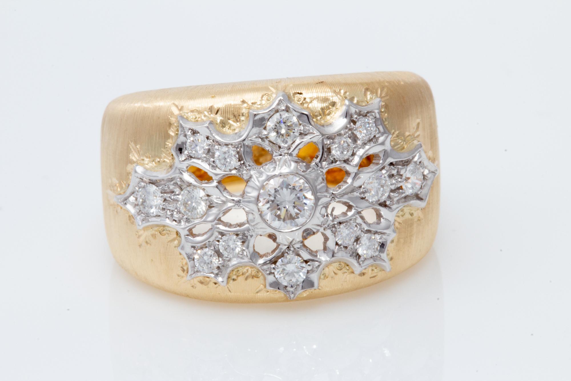 Florentine Engraved Two-Toned 18 Karat Italian Diamond Ring 3