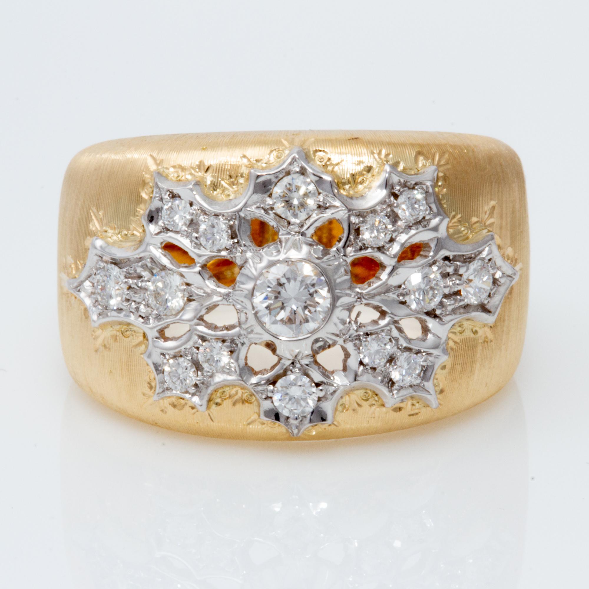 Florentine Engraved Two-Toned 18 Karat Italian Diamond Ring 4