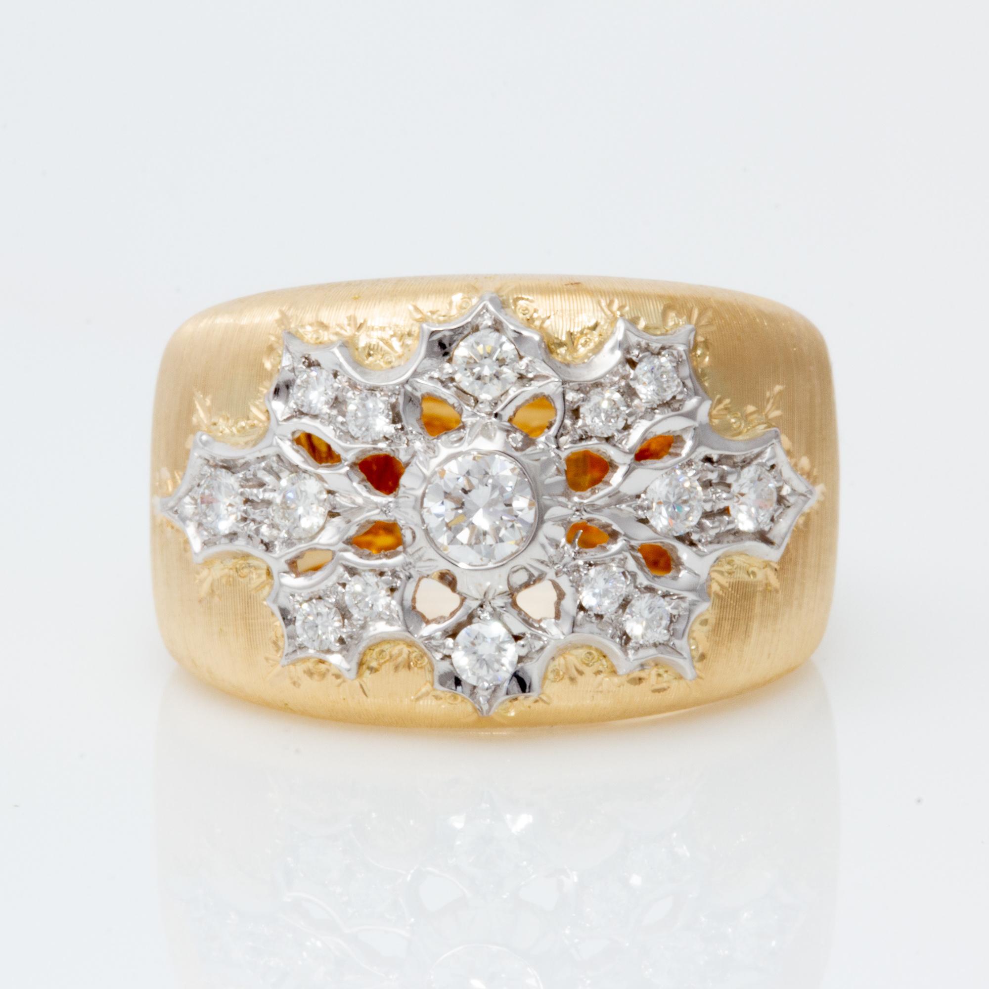 Florentine Engraved Two-Toned 18 Karat Italian Diamond Ring 5
