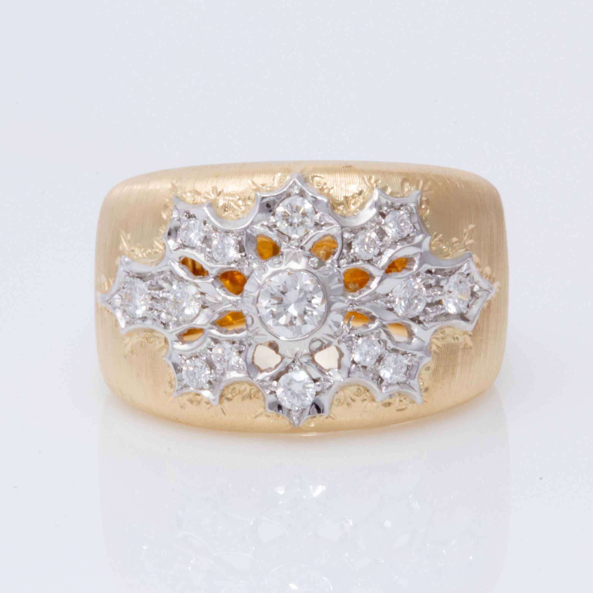 Florentine Engraved Two-Toned 18 Karat Italian Diamond Ring For Sale 6