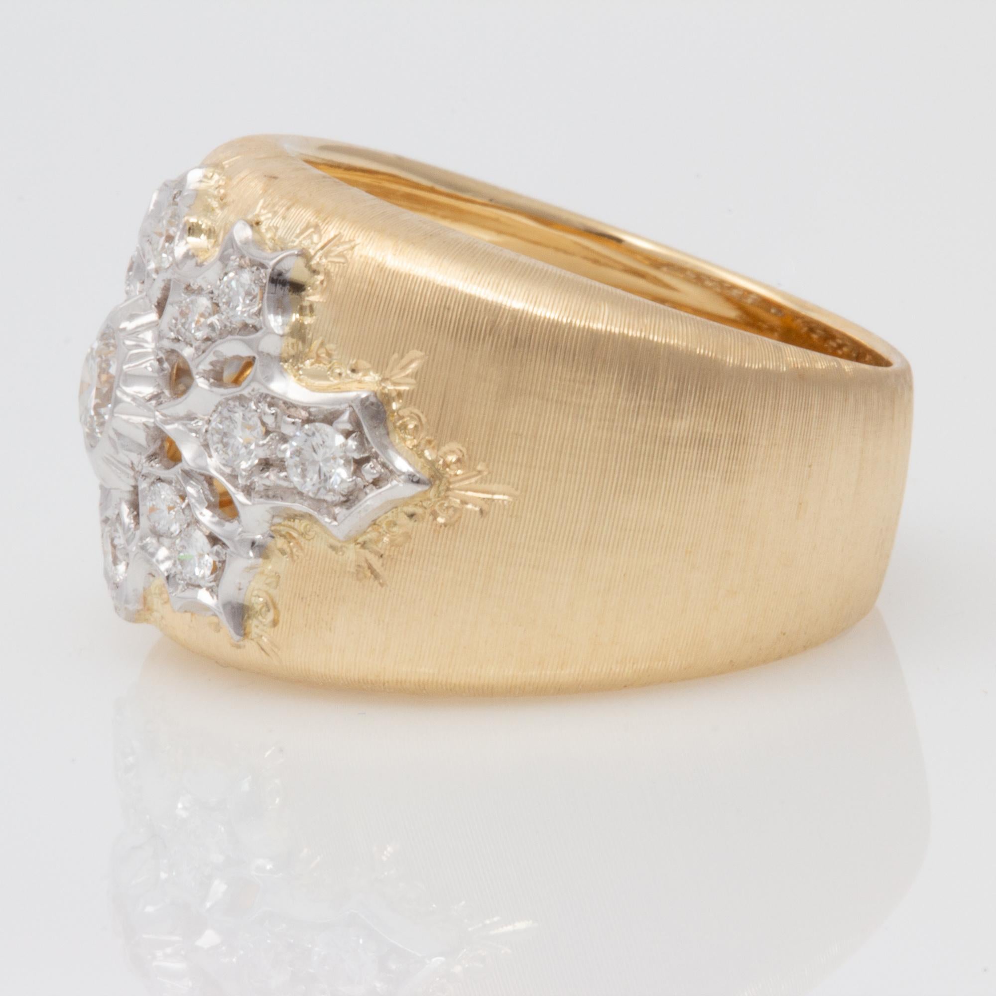 Artisan Florentine Engraved Two-Toned 18 Karat Italian Diamond Ring For Sale