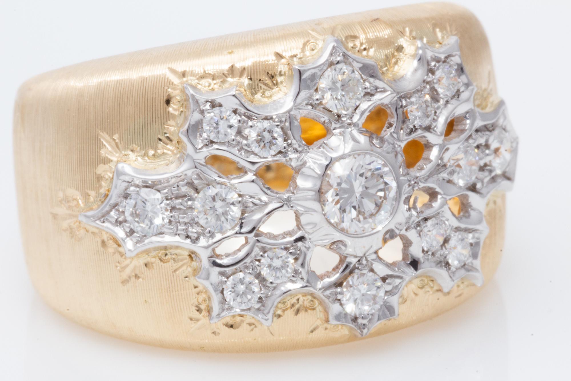 Florentine Engraved Two-Toned 18 Karat Italian Diamond Ring 2