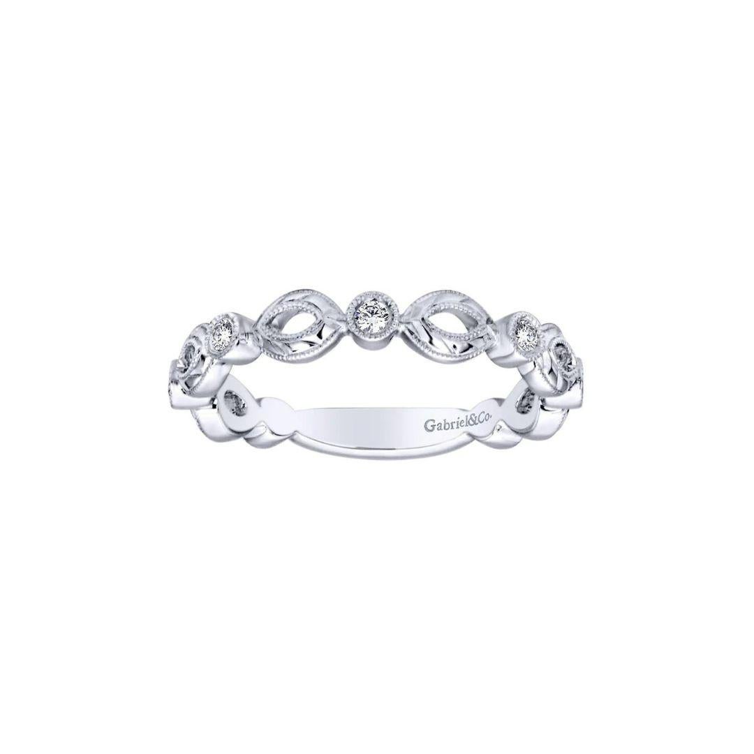Florentine scalloped weave diamond band in 14k white gold by bridal designer Gabriel Co. Band contains 0.08 ctw of fine white round diamonds, H color, SI clarity. Band is suitable as a fashion ring, anniversary ring, a wedding band or a stackable