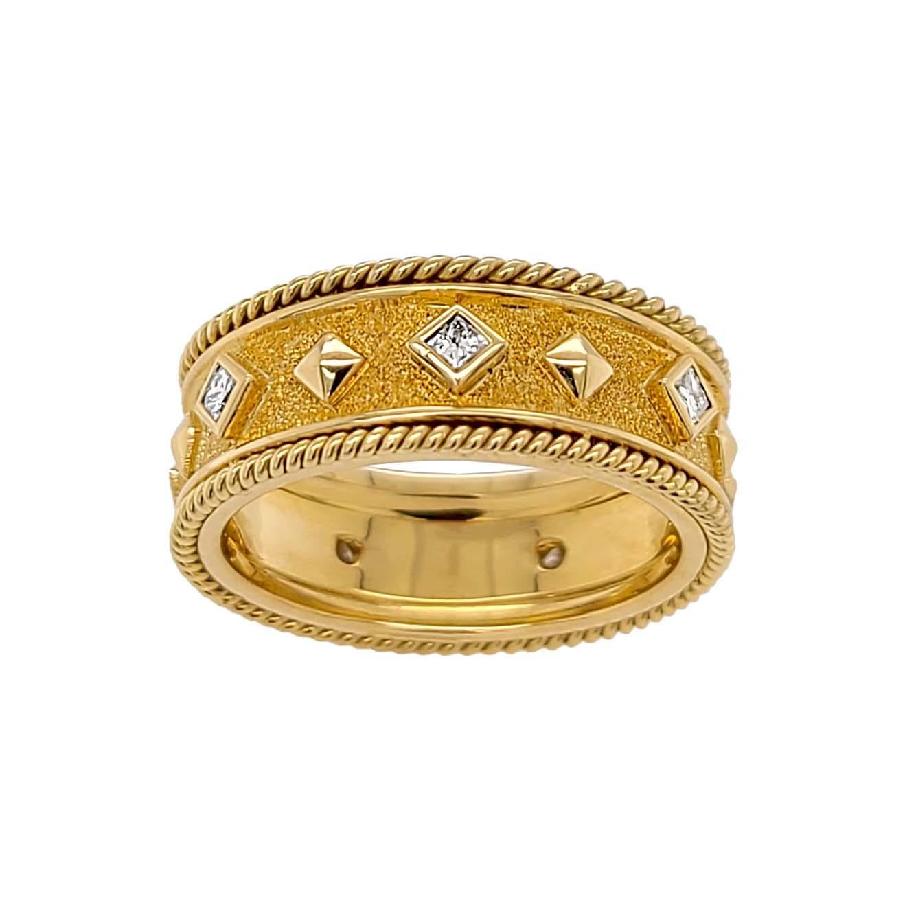Princess Cut Florentine Finished 18 Karat Gold Italian Diamond Ring For Sale