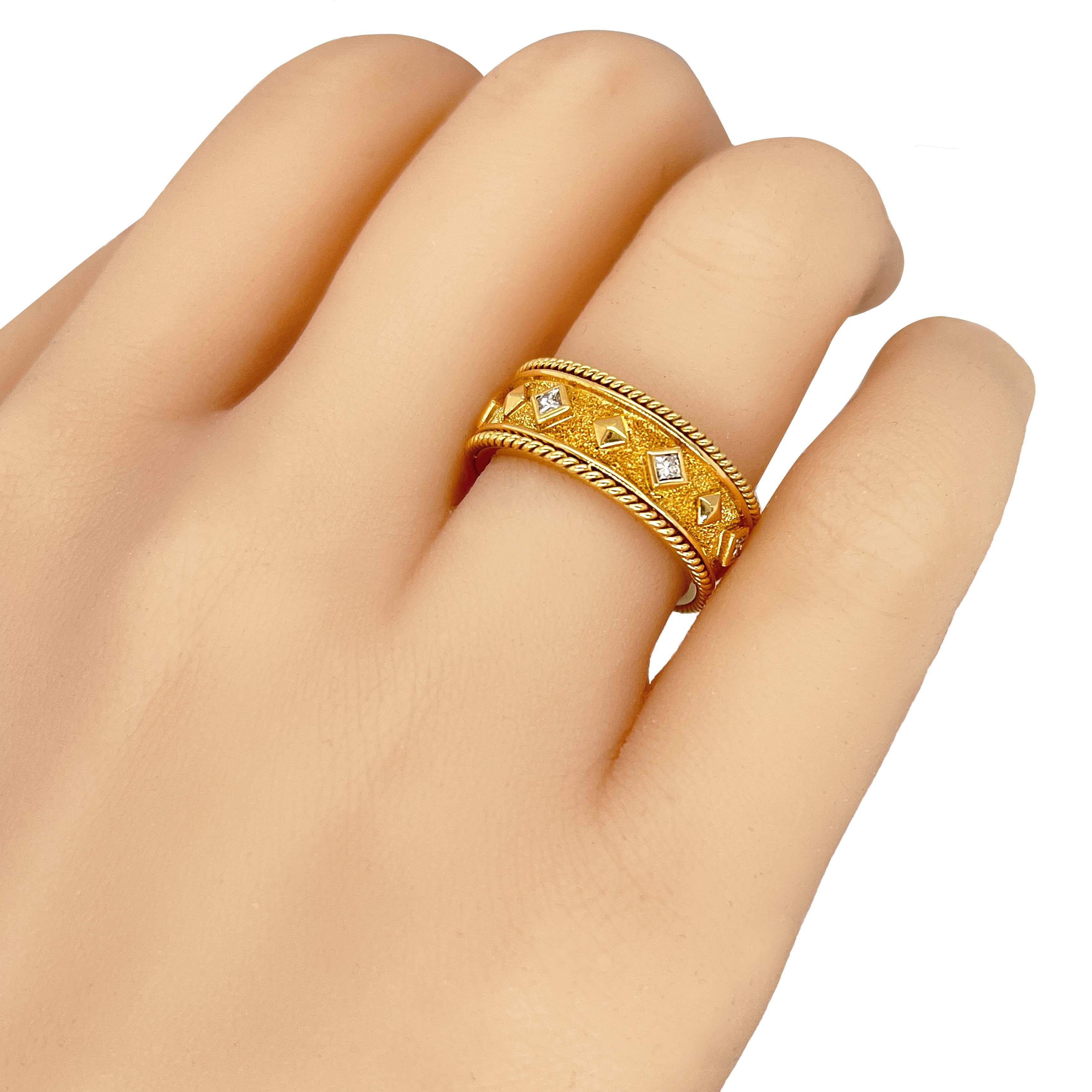 Women's or Men's Florentine Finished 18 Karat Gold Italian Diamond Ring For Sale