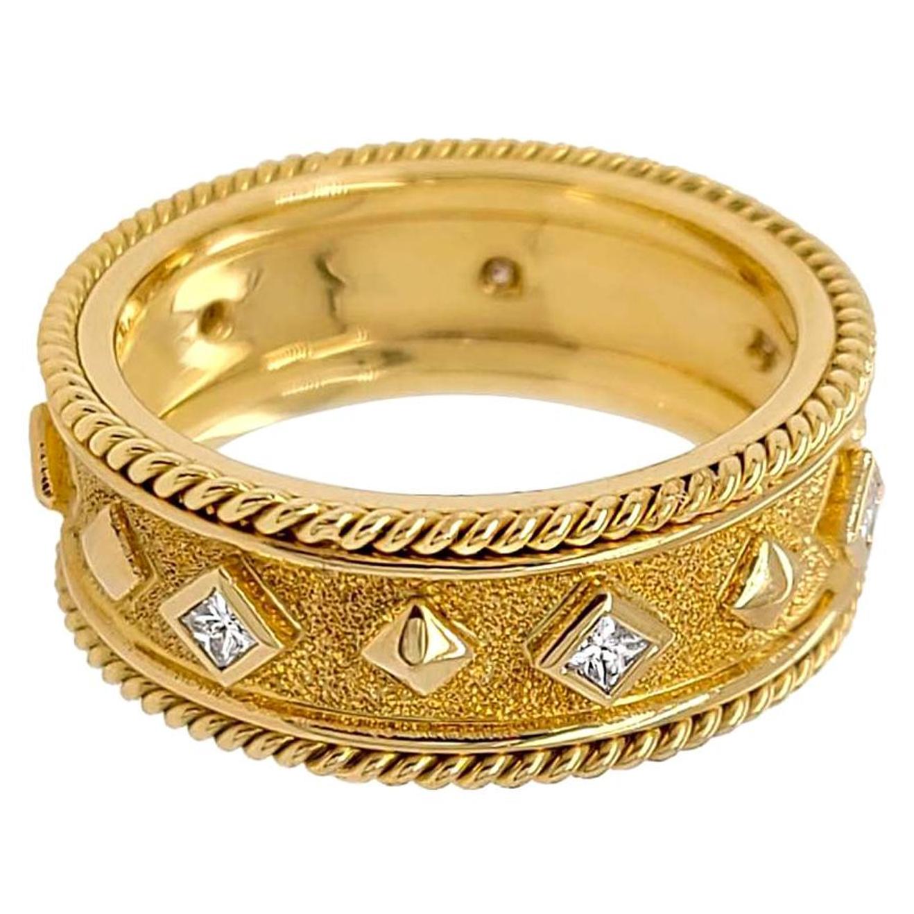 Bague italienne en or 18 carats avec diamants, finition florentine
