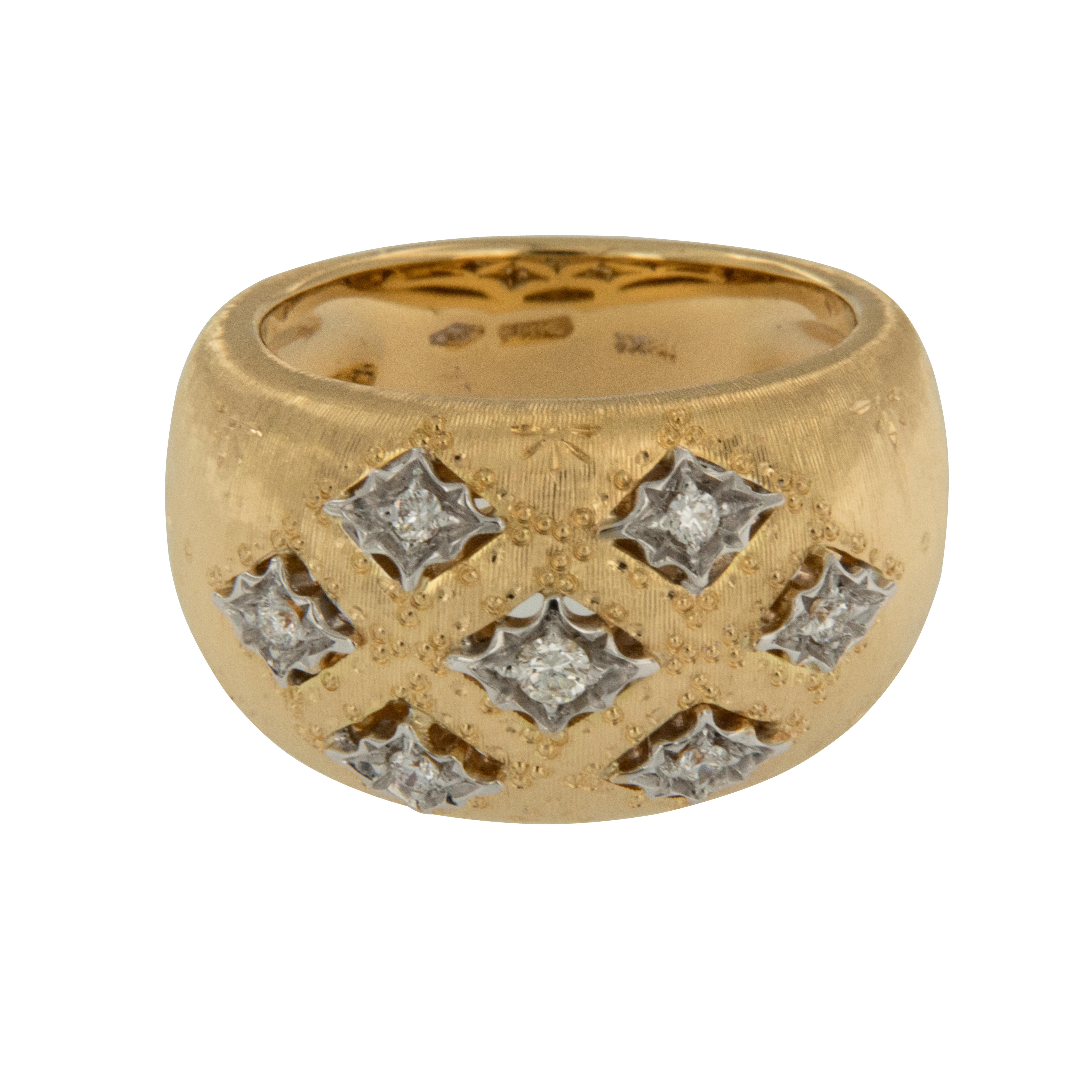 Round Cut Florentine Finished 18 Karat Yellow Gold and Diamond Dome Ring For Sale