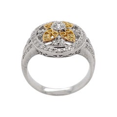 Florentine Finished Flower Motif Two-Tone 18 Karat Gold Italian Diamond Ring