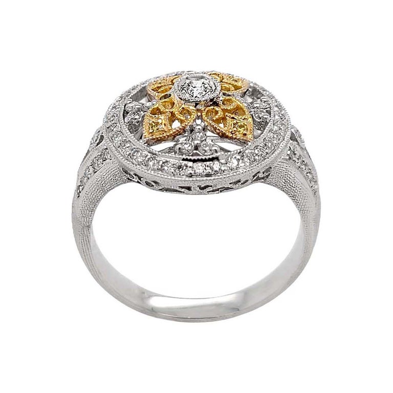 Florentine Finished Flower Motif Two-Tone 18 Karat Gold Italian Diamond ...